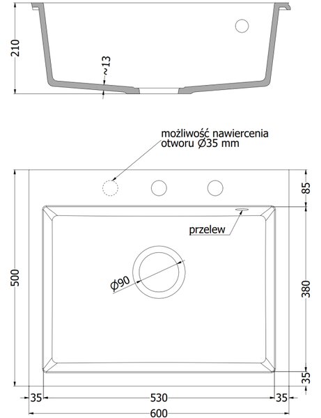 Mexen Elix granitový drez, 1-komorový, 600 x 500 mm, biely, zlatý sifón - 6525601005-20-G
