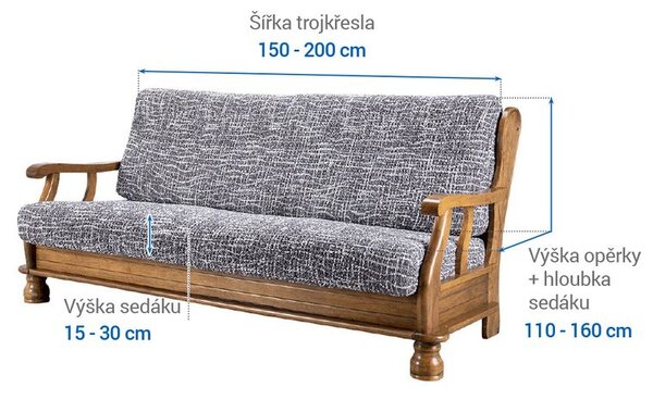 Bielastické poťahy GRAFITI NOVÉ antracit trojkreslo s drevenými rúčkami (š. 150 - 200 cm)
