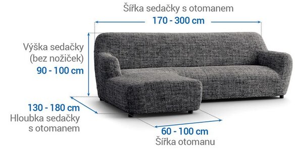Bielastické poťahy VITTORIA šedá sedačka s otomanom vľavo (š. 170 - 300 cm)