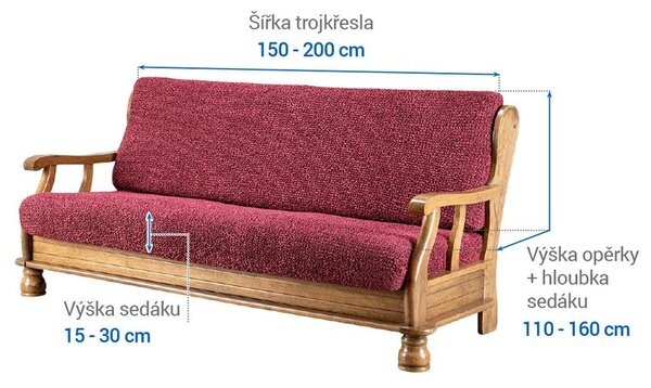 Bielastické poťahy VITTORIA bordó trojkreslo s drevenými rúčkami (š. 150 - 200 cm)
