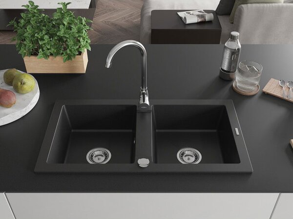 Mexen Mario žulový drez 2-komorový 820 x 436 mm, čierny, sifón chróm - 6504822000-77