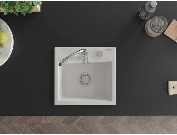 Mexen Milo žulový drez s jednou komorou 435 x 410 mm, biely, sifón chróm - 6505441000-20