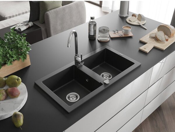 Mexen Mario žulový drez 2-komorový 820 x 436 mm, čierny, sifón chróm - 6504822000-77