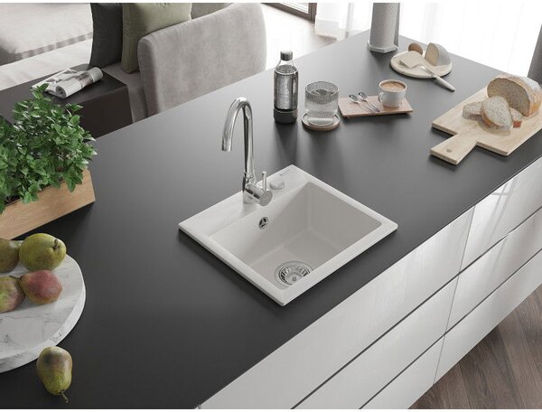 Mexen Milo žulový drez s jednou komorou 435 x 410 mm, biely, sifón chróm - 6505441000-20