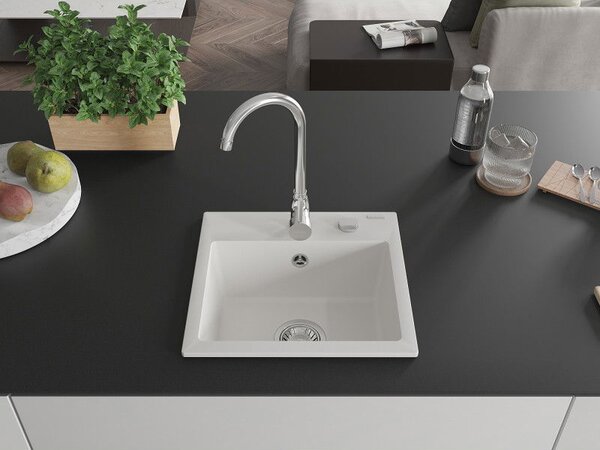 Mexen Milo žulový drez s jednou komorou 435 x 410 mm, biely, sifón chróm - 6505441000-20