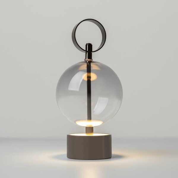 Stolová LED lampa na batérie DOUBLE MOON, dymovo šedá, výška 25 cm, sklo, Hliník / sivá / zinok, Obývacia izba / jedáleň, Sklo, Moderný, Stojacie svietidlo