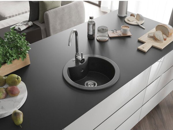 Mexen Diego jednodrezový granitový drez 488 x 480 mm, čierny, sifón chróm - 6512481000-77