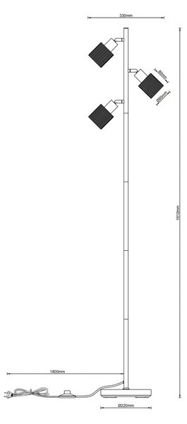 Globo Stojacia lampa Villegas, čierna/sivá, sklo, 161 cm, 3-ramenná, E14, Čierna, Obývacia izba / jedáleň, Sklo, Stojaca lampa
