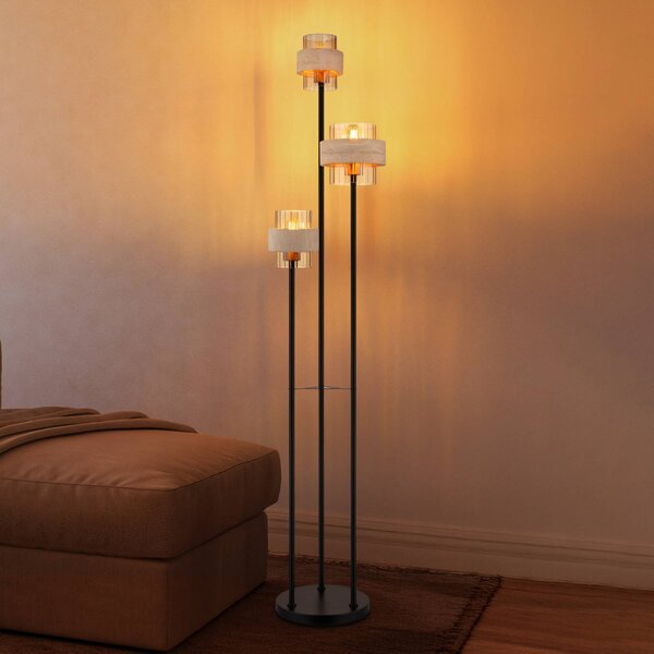 Stojacia lampa Daren, béžová/jantárová/čierna, 167 cm, 3-pl., E27, Krémová / jantárovo žltá, Obývacia izba / jedáleň, Sklo, Stojaca lampa