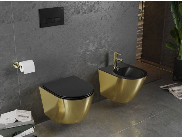 Mexen Lena WC misa Rimless s doskou so spomaleným zostupom slim, duroplast, čierna matná/zlatá - 30224076