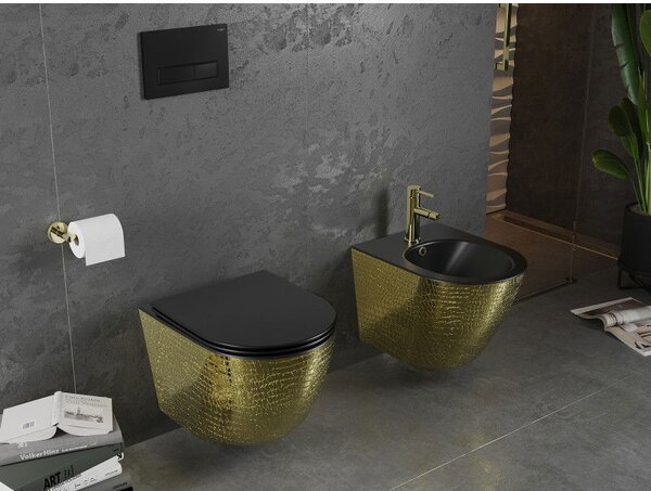 Mexen Lena WC misa bez okrajovania s pomaly zatvárajúcim sa sedadlom slim, duroplast, čierny mat/zlatý vzor šupiny - 30224078
