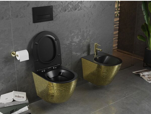 Mexen Lena WC misa bez okrajovania s pomaly zatvárajúcim sa sedadlom slim, duroplast, čierny mat/zlatý vzor šupiny - 30224078