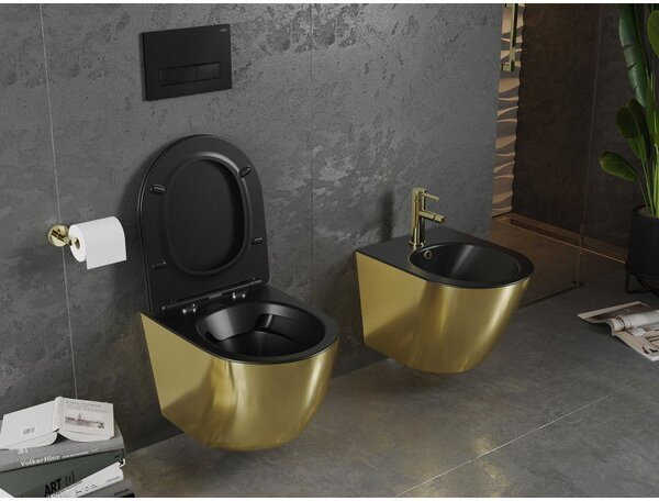Mexen Lena WC misa Rimless s doskou so spomaleným zostupom slim, duroplast, čierna matná/zlatá - 30224076