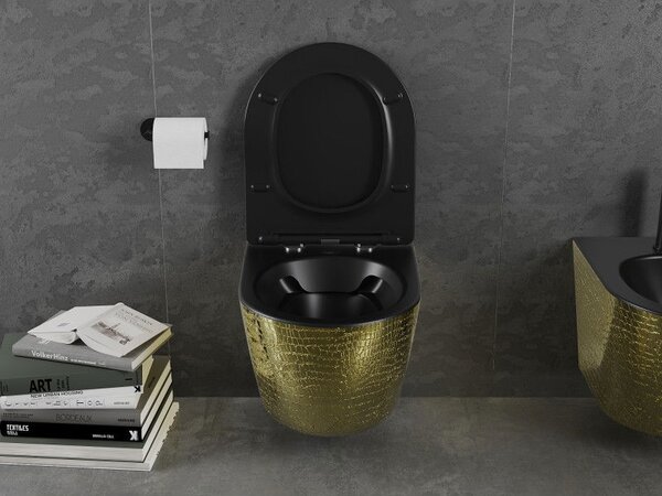 Mexen Lena WC misa bez okrajovania s pomaly zatvárajúcim sa sedadlom slim, duroplast, čierny mat/zlatý vzor šupiny - 30224078