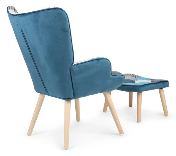 Relaxačné kreslo ušiak LISA + taburet — masív, látka, modrý patchwork