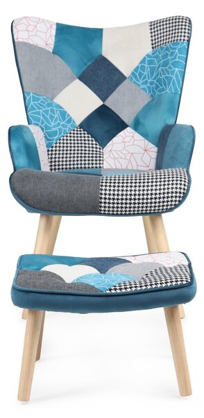 Relaxačné kreslo ušiak LISA + taburet — masív, látka, modrý patchwork