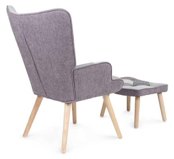 Relaxačné kreslo ušiak LISA + taburet — masív, látka, čiernobiely patchwork