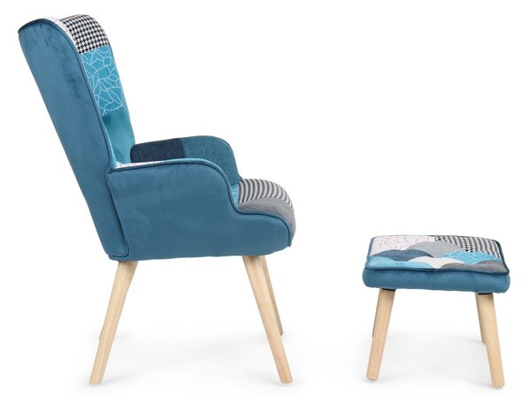 Relaxačné kreslo ušiak LISA + taburet — masív, látka, modrý patchwork
