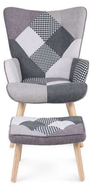 Relaxačné kreslo ušiak LISA + taburet — masív, látka, čiernobiely patchwork