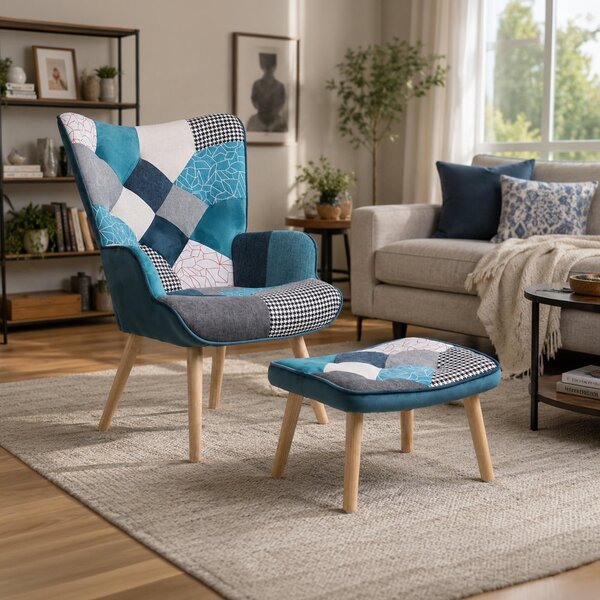 Relaxačné kreslo ušiak LISA + taburet — masív, látka, modrý patchwork