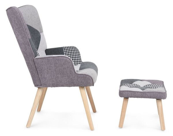 Relaxačné kreslo ušiak LISA + taburet — masív, látka, čiernobiely patchwork