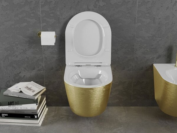 Mexen Lena WC miska Rimless s pomaly zatvárajúcim sa slim sedadlom, duroplast, biela/zlatá vzor línie - 30224007