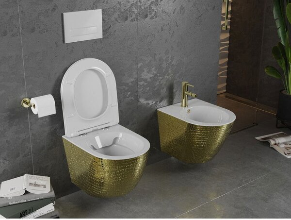 Mexen Lena WC misa Rimless so sedadlom s tichým zatváraním slim, duroplast, biela/zlatý vzor šupiny - 30224008