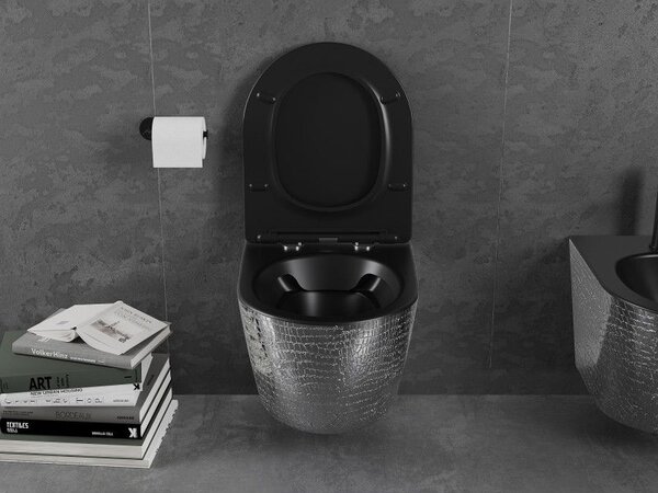 Mexen Lena WC miska Rimless s pomaly zatvárajúcou sa doskou slim, duroplast, čierna matná/strieborný vzor šupiny - 30224072