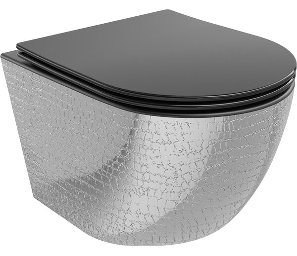 Mexen Lena WC miska Rimless s pomaly zatvárajúcou sa doskou slim, duroplast, čierna matná/strieborný vzor šupiny - 30224072