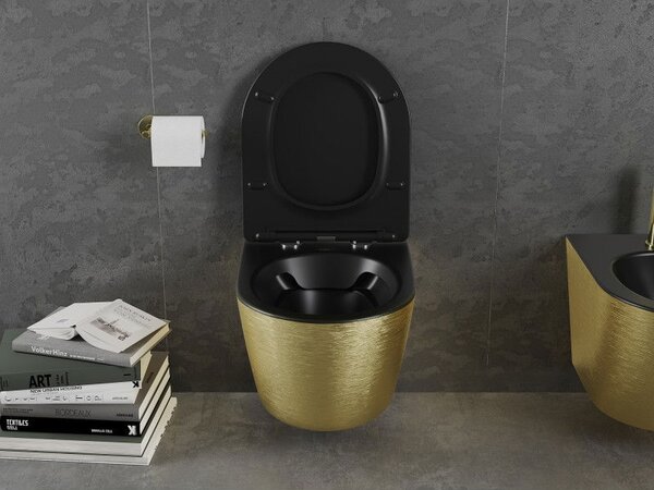 Mexen Lena WC misa Rimless s doskou so spomaleným sklopením slim, duroplast, čierna matná/zlatý vzor čiary - 30224077