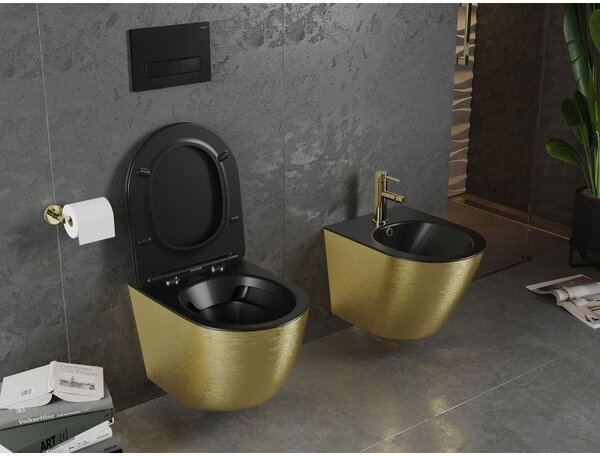Mexen Lena WC misa Rimless s doskou so spomaleným sklopením slim, duroplast, čierna matná/zlatý vzor čiary - 30224077
