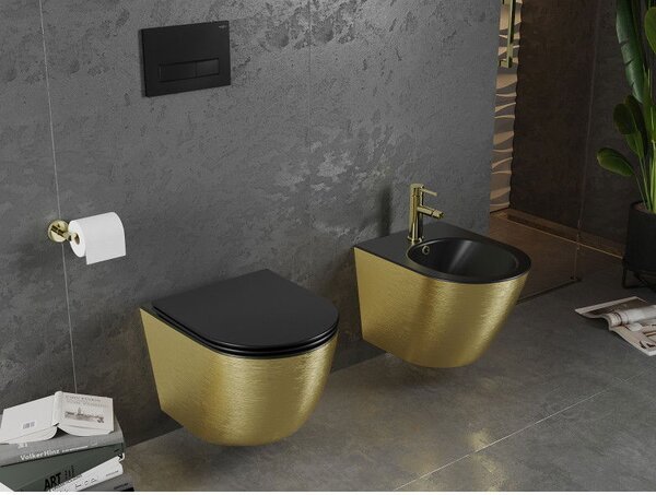 Mexen Lena WC misa Rimless s doskou so spomaleným sklopením slim, duroplast, čierna matná/zlatý vzor čiary - 30224077