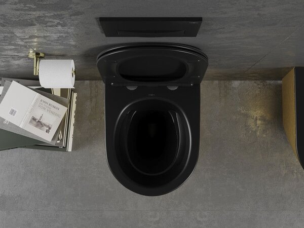 Mexen Lena WC misa Rimless s doskou so spomaleným sklopením slim, duroplast, čierna matná/zlatý vzor čiary - 30224077