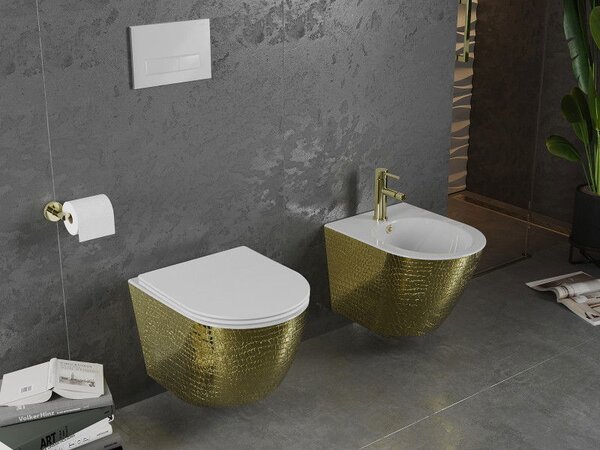 Mexen Lena WC misa Rimless so sedadlom s tichým zatváraním slim, duroplast, biela/zlatý vzor šupiny - 30224008