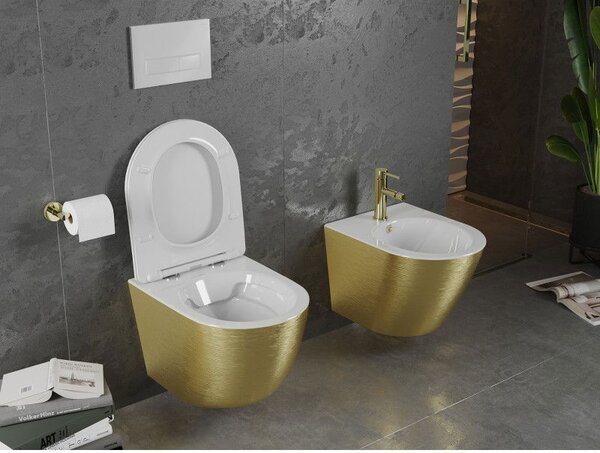 Mexen Lena WC miska Rimless s pomaly zatvárajúcim sa slim sedadlom, duroplast, biela/zlatá vzor línie - 30224007