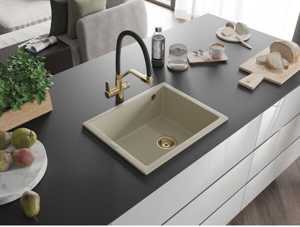 Mexen Pedro granitový drez 1-komorový 560 x 460 mm, béžový, zlatý sifón - 6508561000-69-G