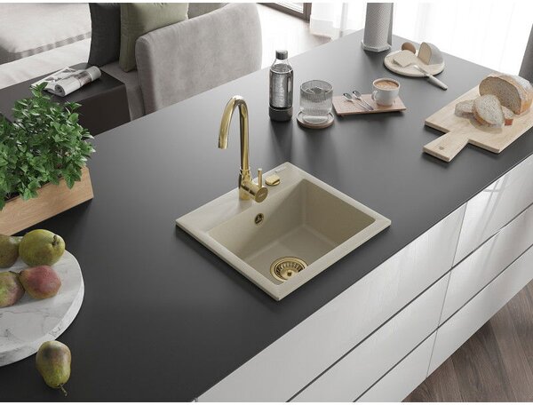 Mexen Milo žulový kuchynský drez 1-komorový 435 x 410 mm, béžový, zlatý sifón - 6505441000-69-G
