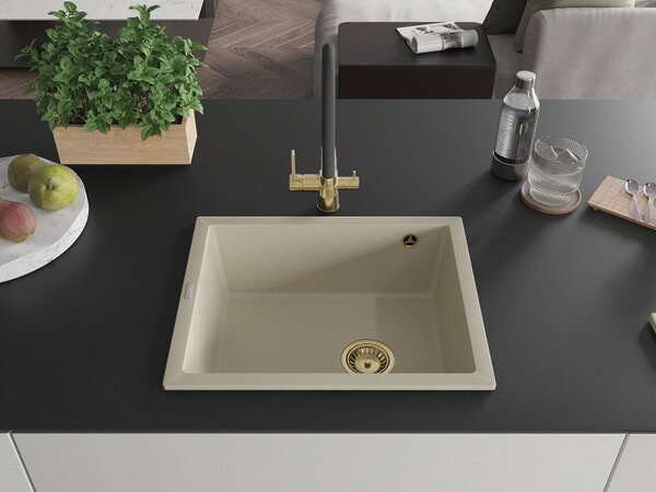 Mexen Pedro granitový drez 1-komorový 560 x 460 mm, béžový, zlatý sifón - 6508561000-69-G