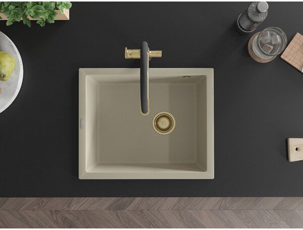 Mexen Pedro granitový drez 1-komorový 560 x 460 mm, béžový, zlatý sifón - 6508561000-69-G