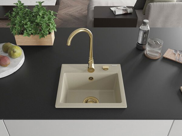 Mexen Milo žulový kuchynský drez 1-komorový 435 x 410 mm, béžový, zlatý sifón - 6505441000-69-G