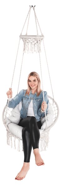 KONDELA Závesné hojdacie kreslo so strapcami, biela, DELUS