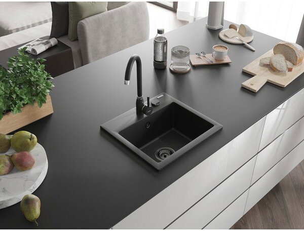 Mexen Milo žulový drez 1-komorový 435 x 410 mm, čierny, čierny sifón - 6505441000-77-B