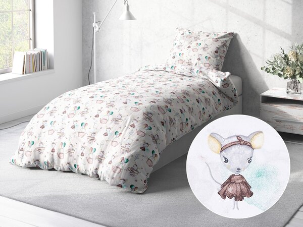Biante Detské bavlnené posteľné obliečky Sandra SA-372 Myšky a konvičky na bielom Predĺžené 140x220 a 70x90 cm