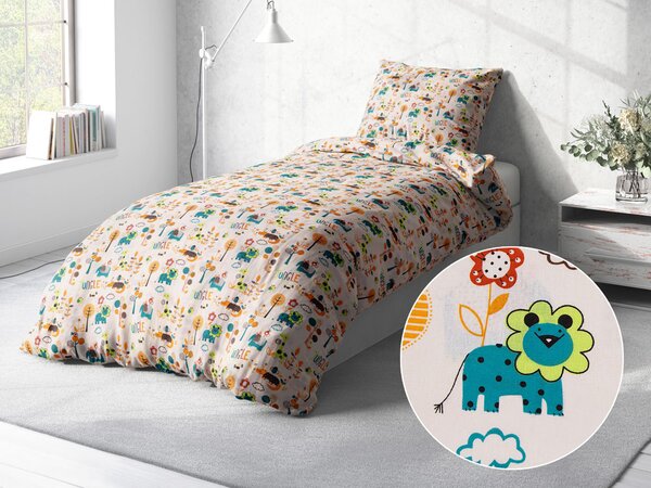 Biante Detské bavlnené posteľné obliečky Sandra SA-008 Tyrkysové a oranžové zvieratká z džungle Predĺžené 140x220 a 70x90 cm