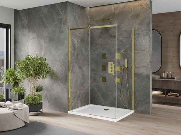 Mexen Omega posuvná sprchová kabína 120 x 90 cm, transparentná, zlatá + vanička Flat - 825-120-090-50-00-4010