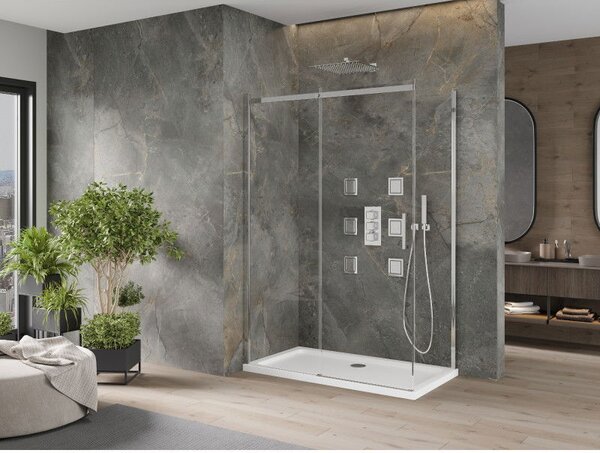 Mexen Omega sprchovací kút posuvný 130 x 70 cm, transparentný, chróm + vanička Flat - 825-130-070-01-00-4010