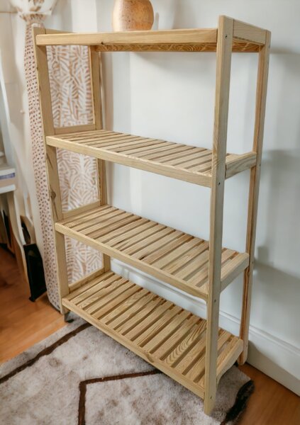 Drevený regál so 4 policami, 133 × 70 × 33 cm, borovica