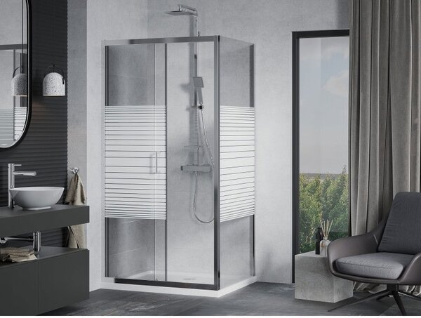 Mexen Apia sprchový kút posuvný 100 x 70 cm, biele pruhy, chróm + sprchová vanička Flat - 840-100-070-01-20-4010