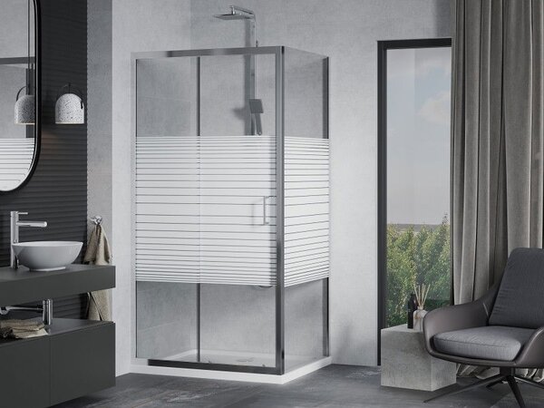 Mexen Apia sprchový kút posuvný 100 x 70 cm, biele pruhy, chróm + sprchová vanička Flat - 840-100-070-01-20-4010