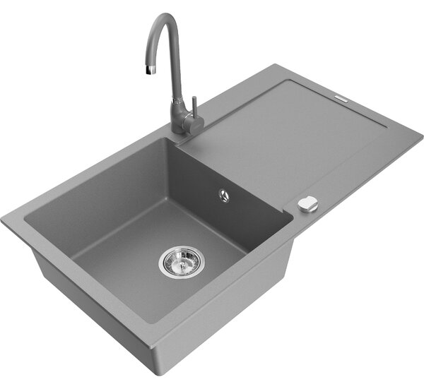 Mexen Leo žulový kuchynský drez s jednou komorou a odkvapkávačom a kuchynskou batériou Telma, sivý - 6501-71-670200-71